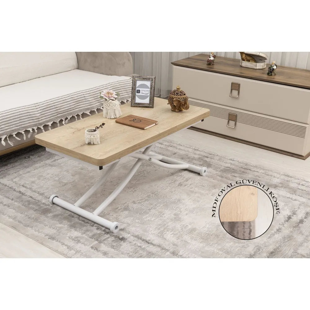 Mini Juppo İçe K Akıllı Sehpa Üst Tabla Mdf VeliMeşe Oval Köşe Alt Ayak Beyaz Renk