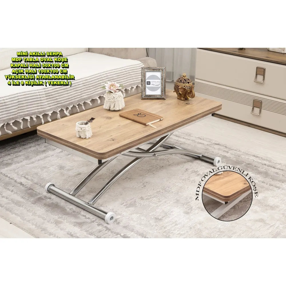 Mini Juppo Dışa K Akıllı Sehpa Üst Tabla Mdf EfesÇam Oval Köşe Alt Krom Kaplama