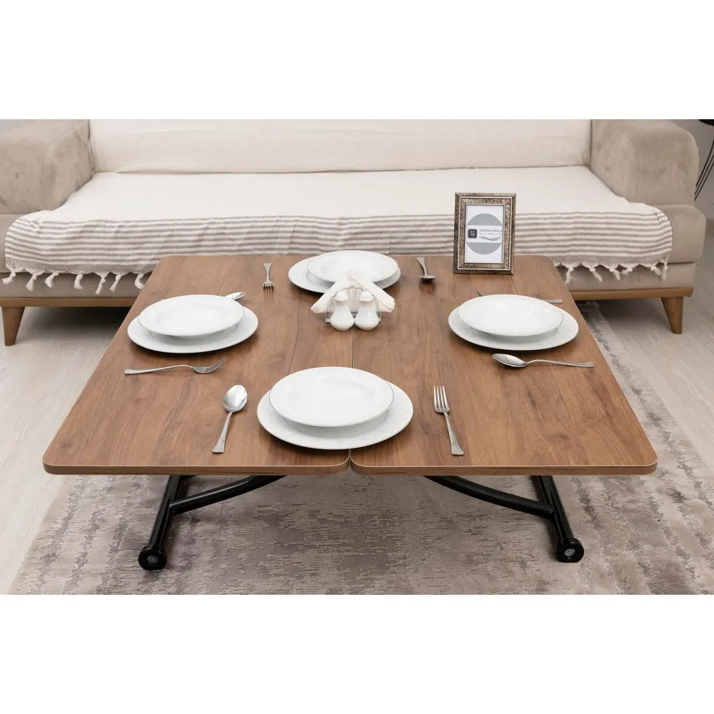 Mini Juppo İçe K Akıllı Sehpa Üst Tabla Mdf Ceviz Oval Köşe Alt Siyah Renk