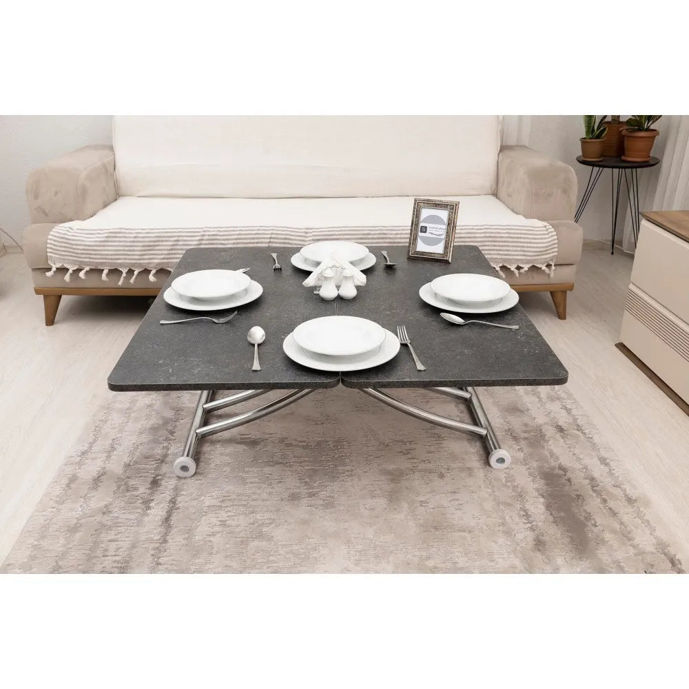 Mini Juppo İçe K Akıllı Sehpa Üst Tabla Mdf Frezeli Antrasit Oval Köşe Alt Krom Kaplama