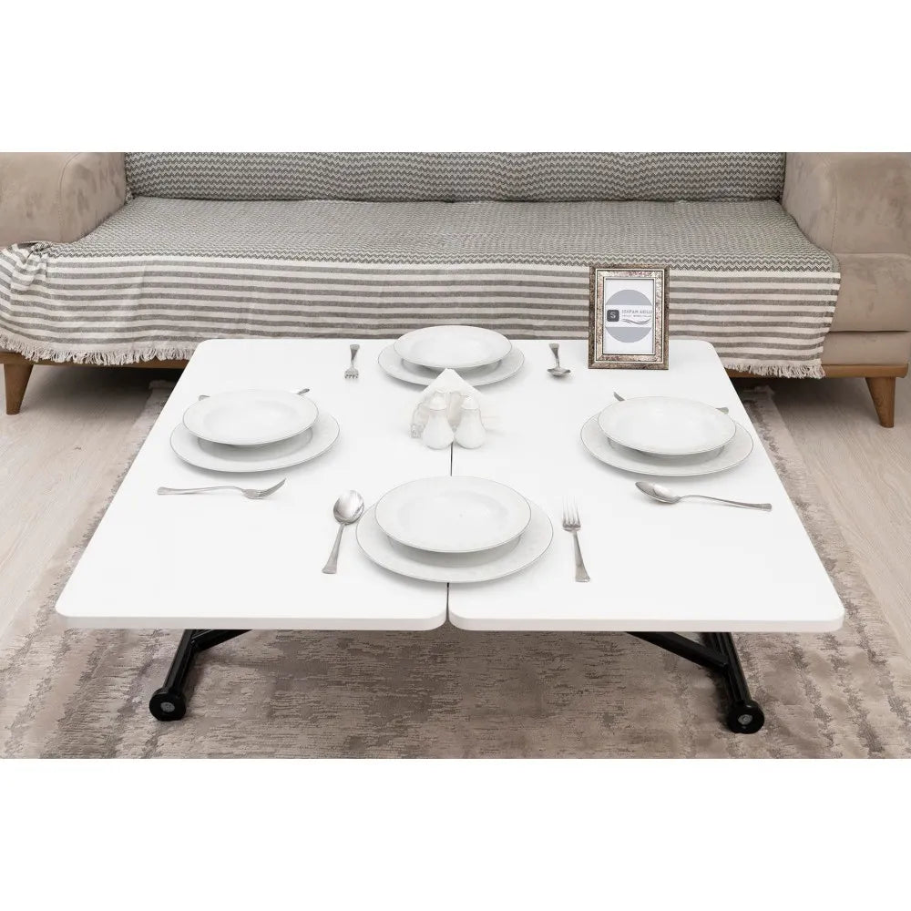 Mini Juppo Dışa K Akıllı Sehpa Üst Tabla Mdf Beyaz Oval Köşe Alt Siyah Renk