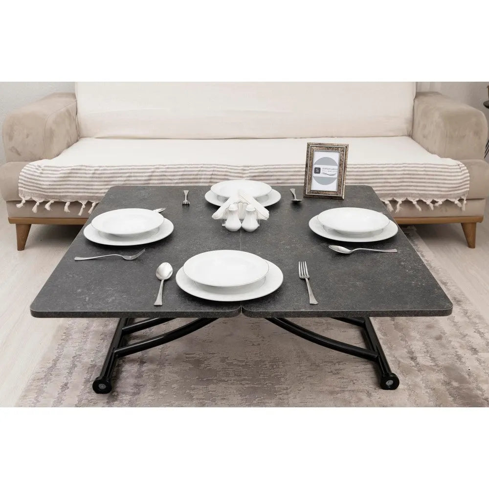 Mini Juppo İçe K Akıllı Sehpa Üst Tabla Mdf Frezeli Antrasit Oval Köşe Alt Siyah Renk