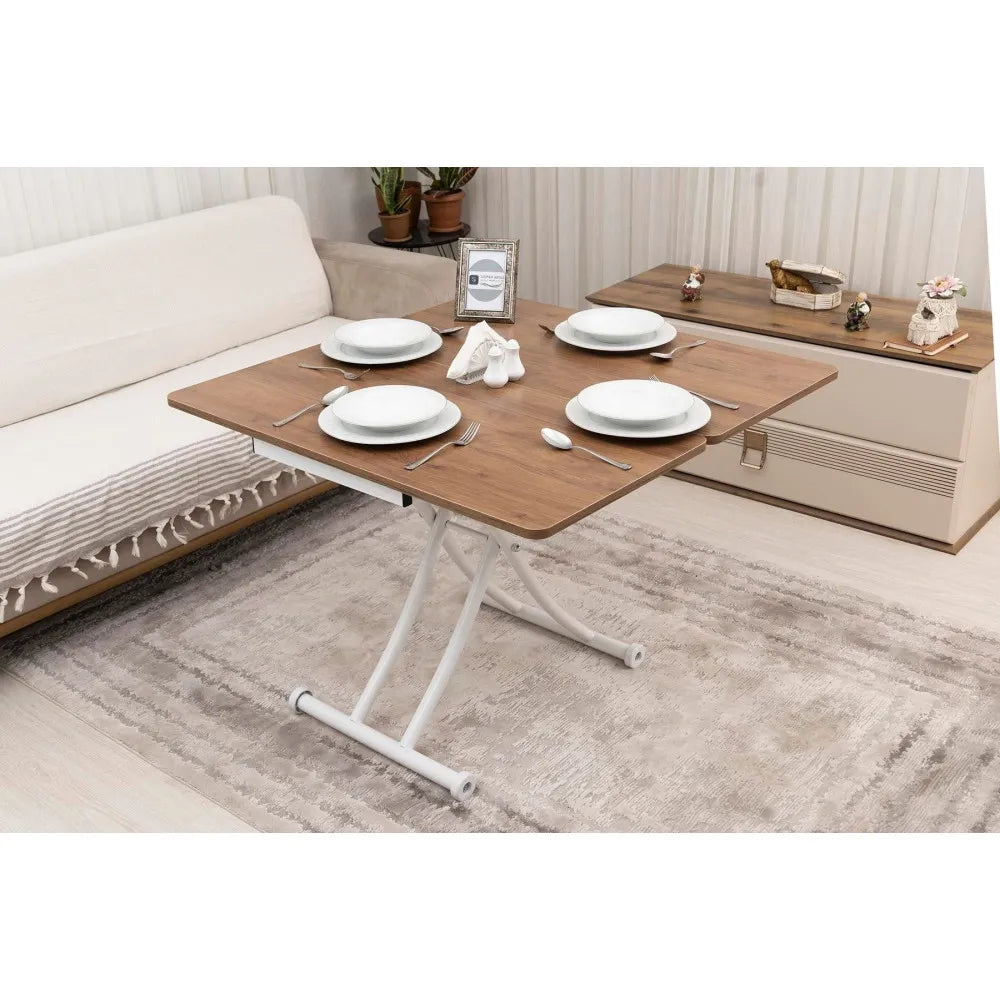 Mini Juppo İçe K Akıllı Sehpa Üst Tabla Mdf Ceviz Oval Köşe Alt Beyaz Renk