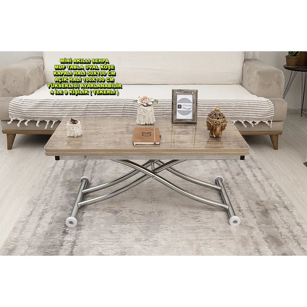 Mini Juppo İçe K Akıllı Sehpa Üst Tabla Mdf Antiklayt Oval Köşe Alt Krom Kaplama