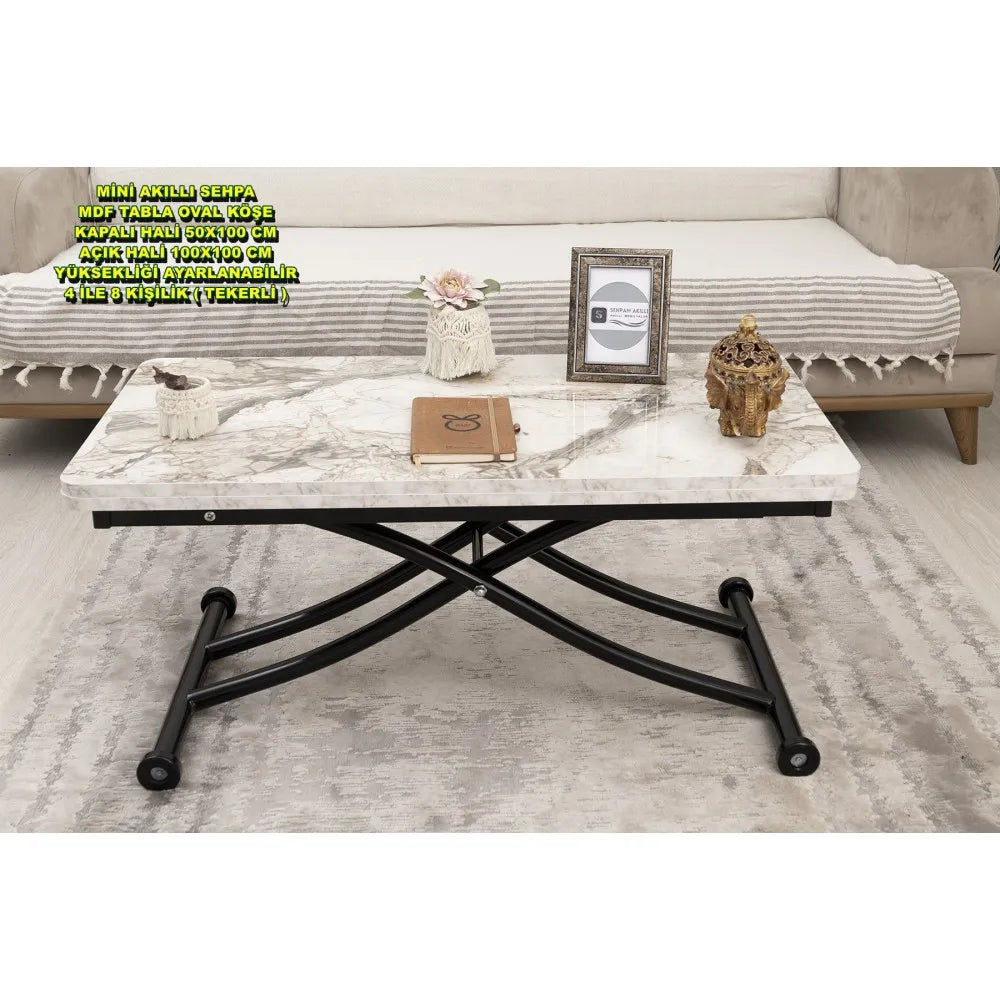 Mini Juppo İçe K Akıllı Sehpa Üst Tabla Mdf Beyaz Mermer Oval Köşe Alt Siyah Renk