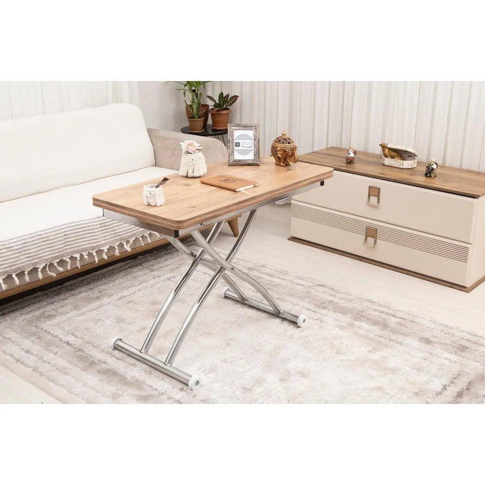 Mini Juppo Dışa K Akıllı Sehpa Üst Tabla Mdf EfesÇam Oval Köşe Alt Krom Kaplama