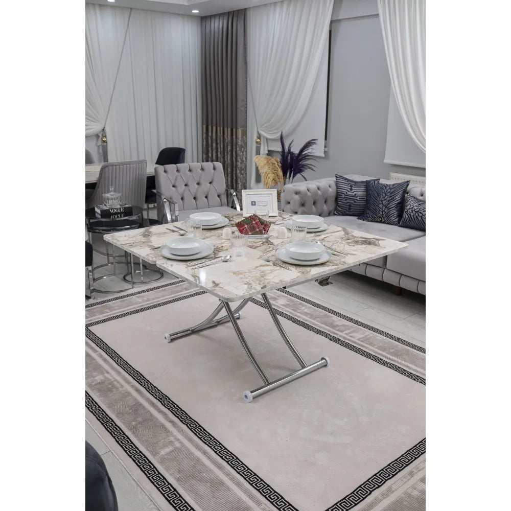 Juppo Üst Tabla Mdf Beyaz Mermer Oval Köşe Alt Ayak Yuvarlak Krom Kaplama İçe Kıvrım