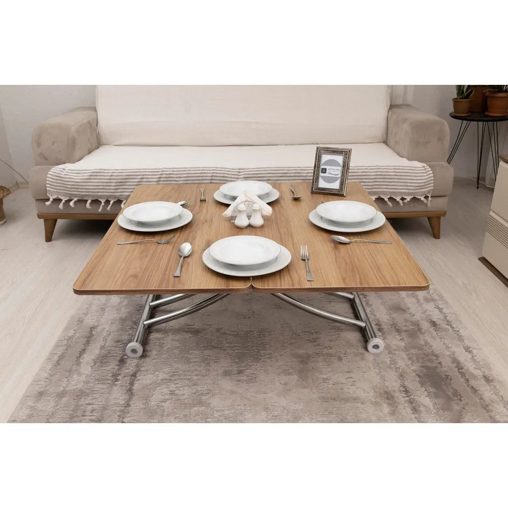 Mini Juppo İçe K Akıllı Sehpa Üst Tabla Mdf Katanya Oval Köşe Alt Krom Kaplama