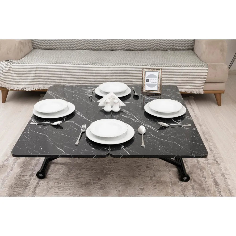 Mini Juppo Dışa K Akıllı Sehpa Üst Tabla Mdf Siyah Mermer Oval Köşe Alt Siyah Renk