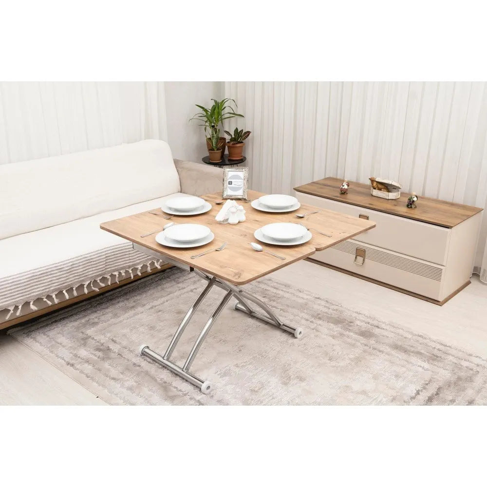 Mini Juppo Dışa K Akıllı Sehpa Üst Tabla Mdf EfesÇam Oval Köşe Alt Krom Kaplama