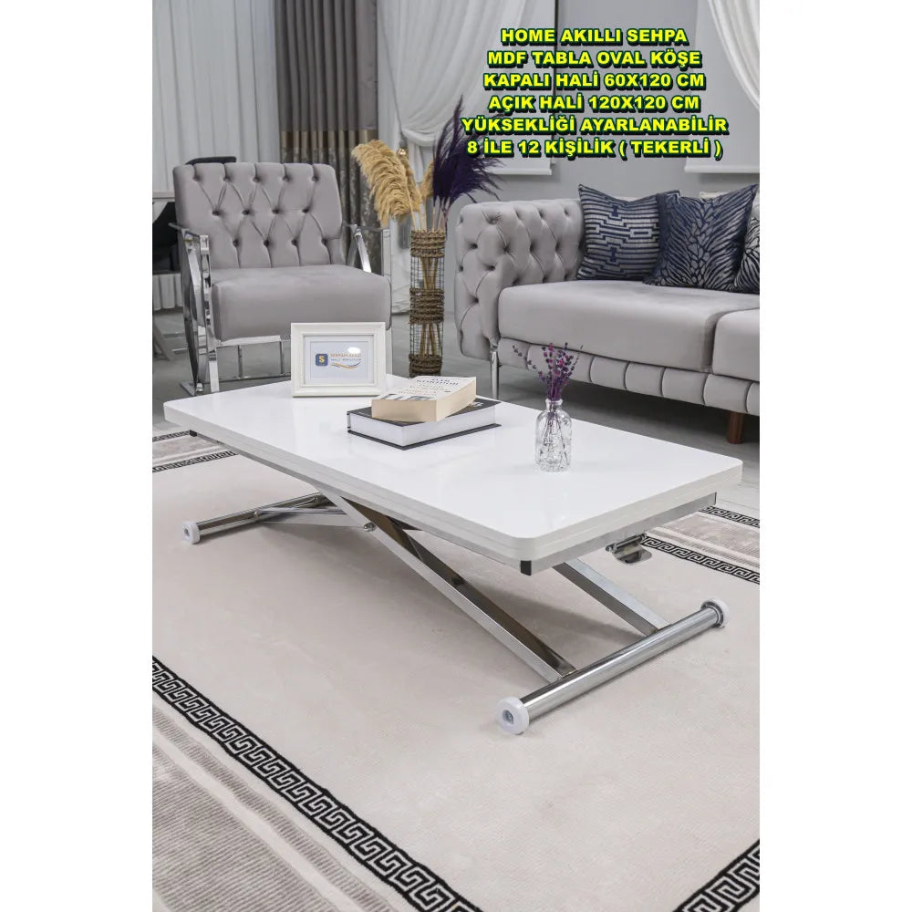 Home Üst Tabla Mdf Beyaz Oval Köşe Alt Ayak Krom Kaplama