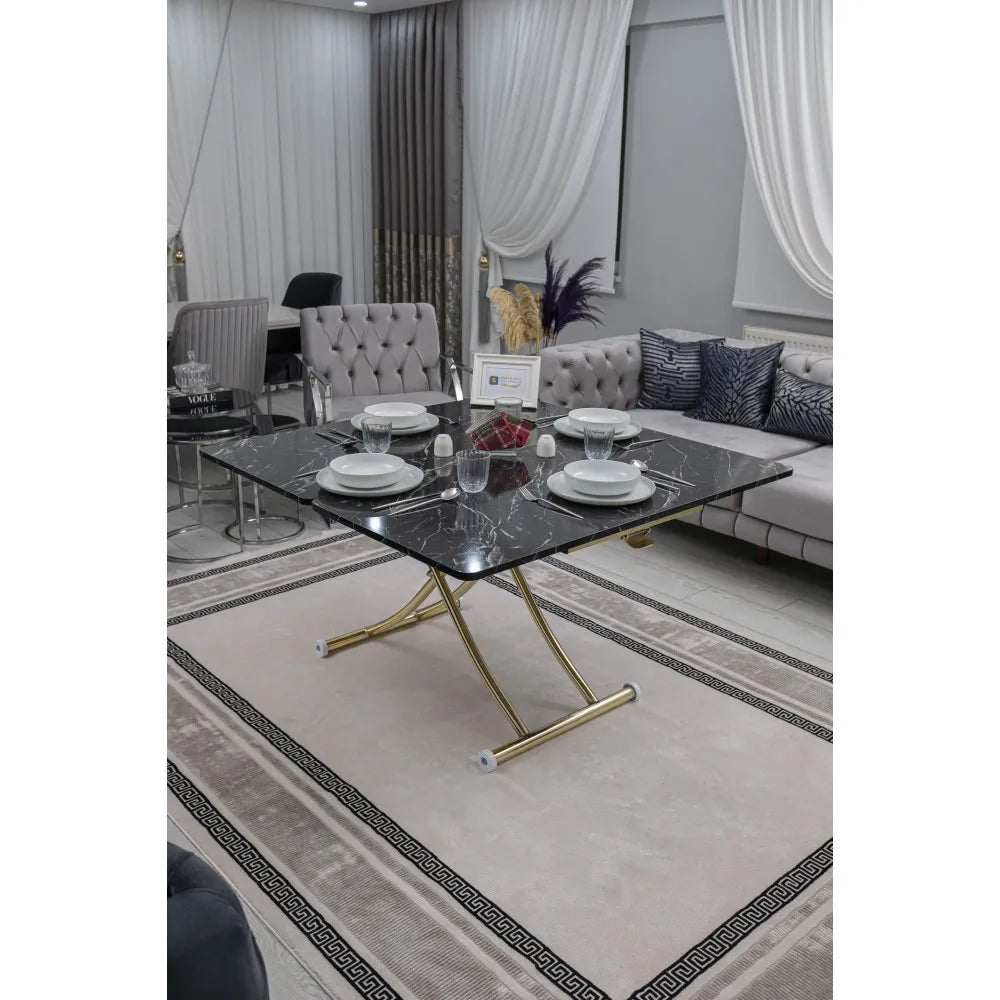 Juppo Üst Tabla Mdf Siyah Mermer Oval Köşe Alt Ayak Yuvarlak Gold Kaplama İçe Kıvrım