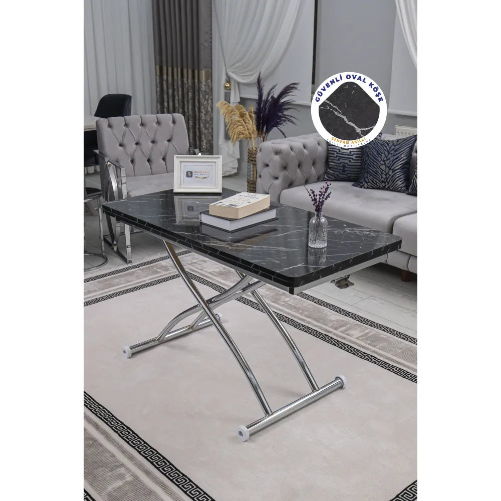 Juppo Üst Tabla Mdf Siyah Mermer Oval Köşe Alt Ayak Yuvarlak Krom Kaplama Dışa Kıvrım