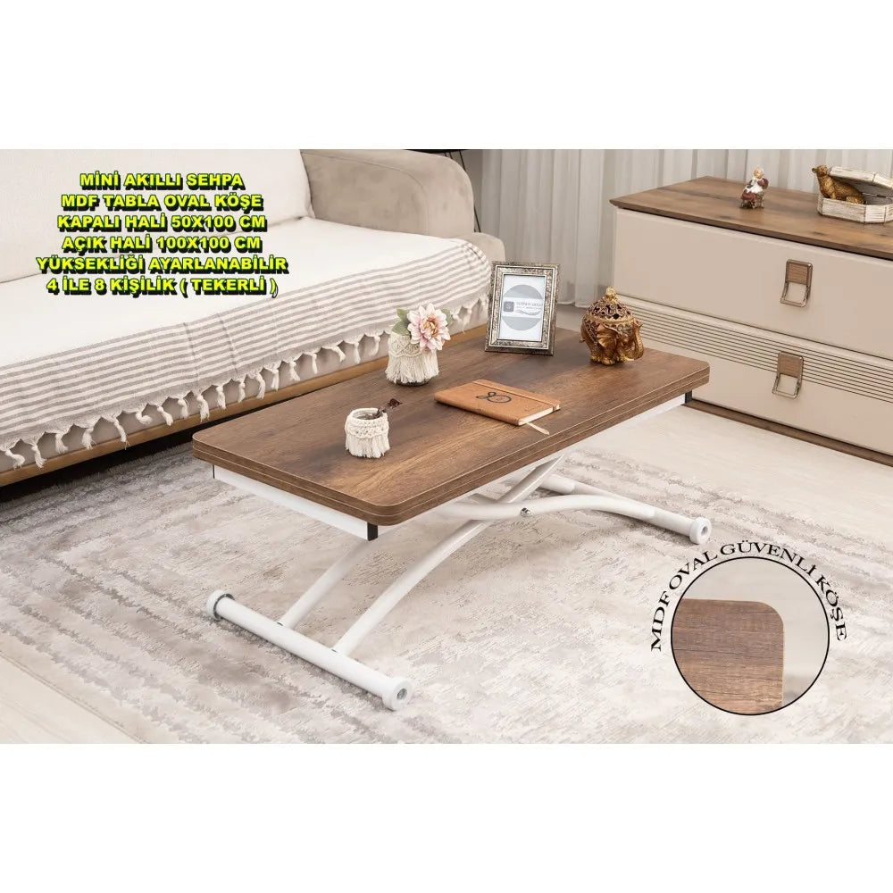 Mini Juppo Dışa K Akıllı Sehpa Üst Tabla Mdf Barok Koyu Ceviz Oval Köşe Alt Ayak Beyaz Renk