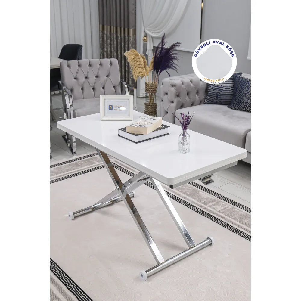 Home Üst Tabla Mdf Beyaz Oval Köşe Alt Ayak Krom Kaplama