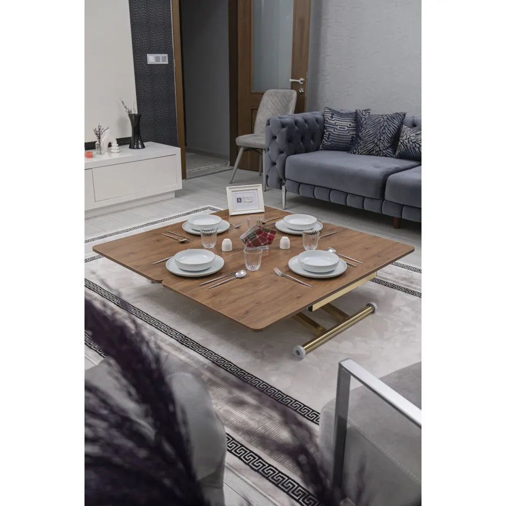 Home Üst Tabla Mdf Ceviz Oval Köşe Alt Ayak Gold Kaplama