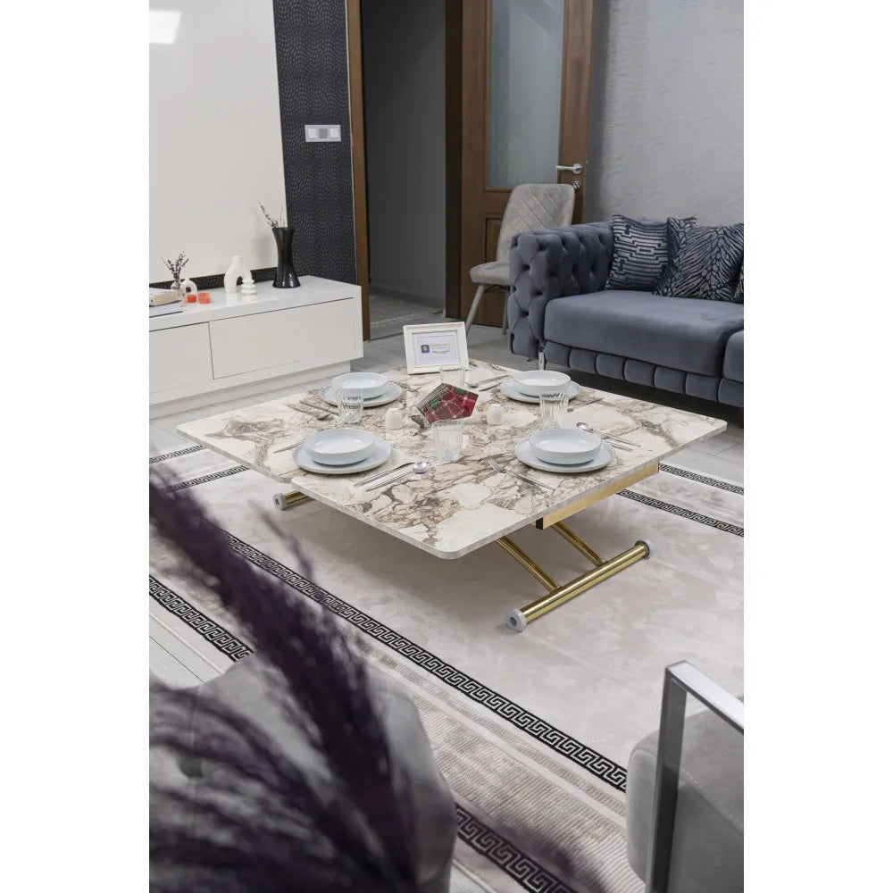 Juppo Üst Tabla Mdf Beyaz Mermer Oval Köşe Alt Ayak Yuvarlak Gold Kaplama Dışa Kıvrım