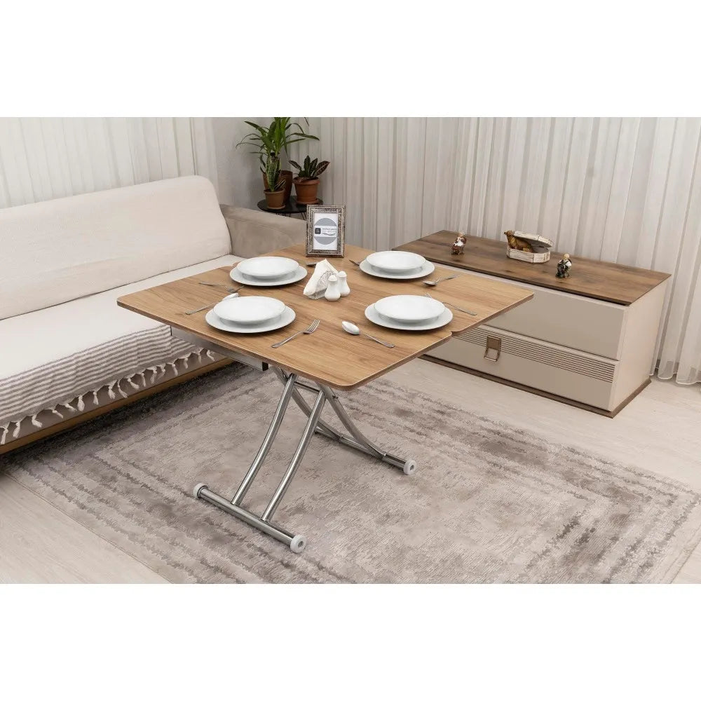 Mini Juppo İçe K Akıllı Sehpa Üst Tabla Mdf Katanya Oval Köşe Alt Krom Kaplama