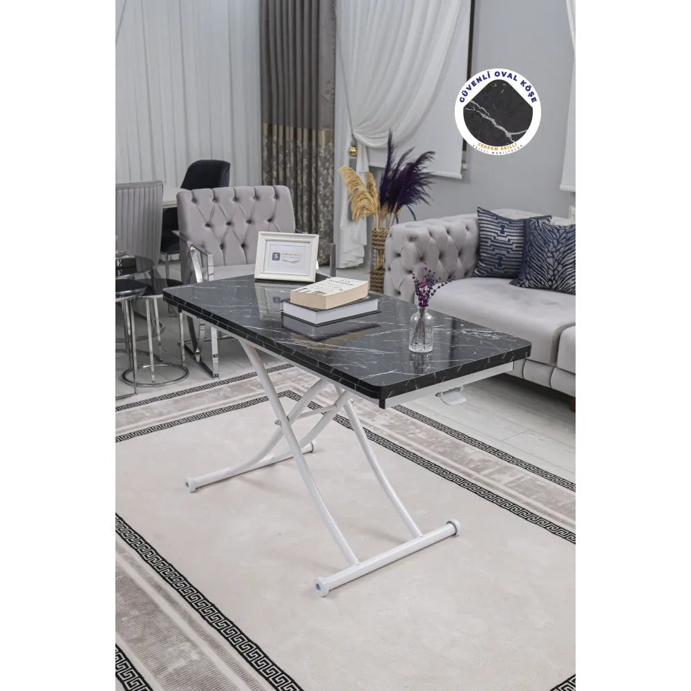 Juppo Üst Tabla Mdf Siyah Mermer Oval Köşe Alt Ayak Yuvarlak Beyaz İçe Kıvrım