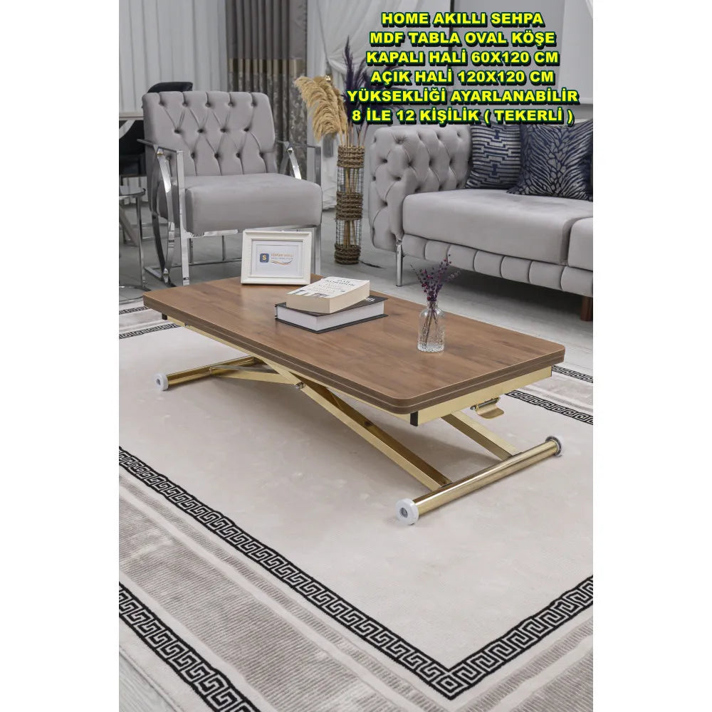 Home Üst Tabla Mdf Ceviz Oval Köşe Alt Ayak Gold Kaplama