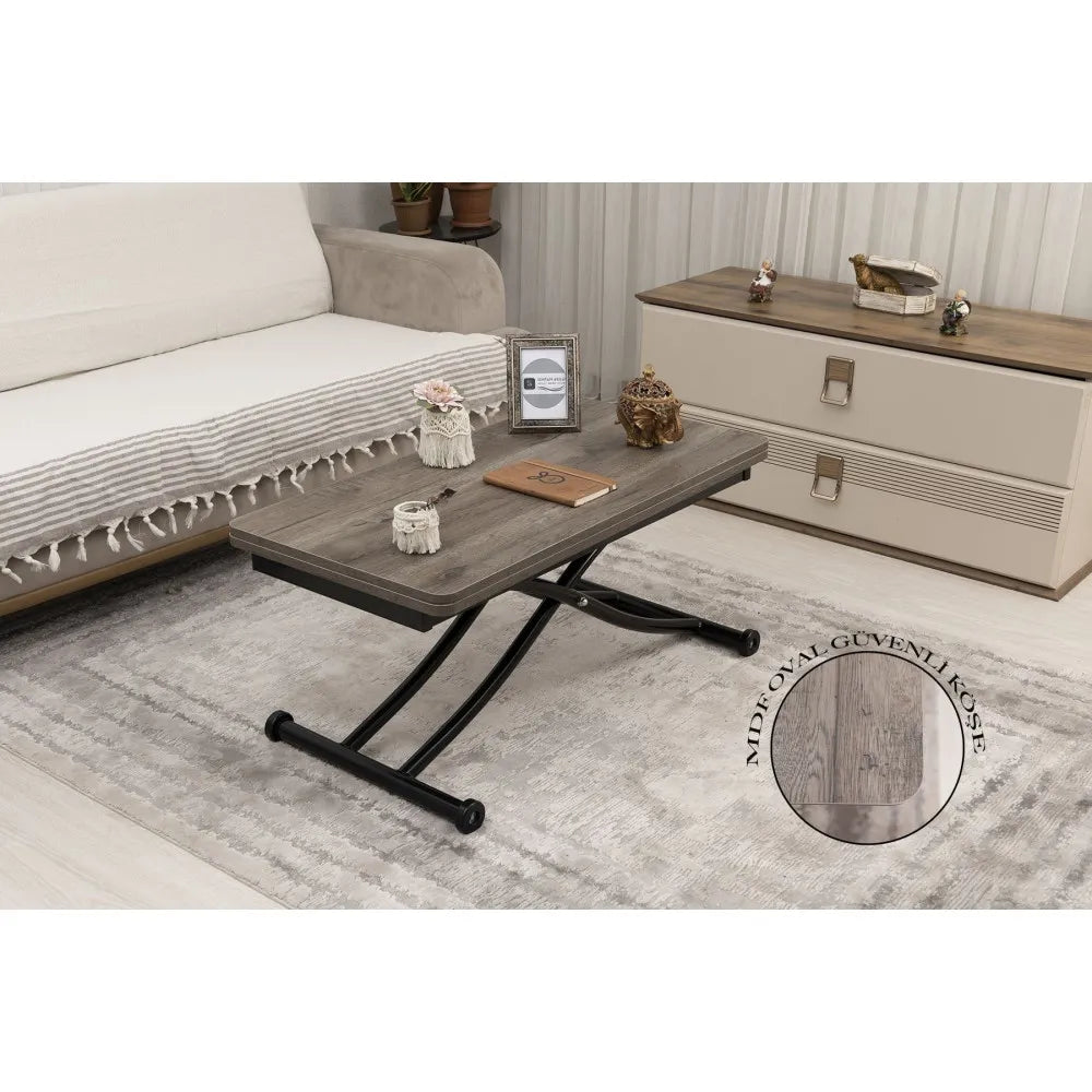 Mini Juppo İçe K Akıllı Sehpa Üst Tabla Mdf Hattuşa Oval Köşe Alt Ayak Siyah Renk