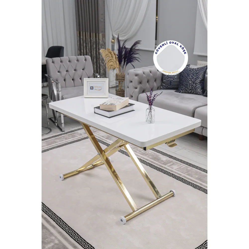 Home Üst Tabla Mdf Beyaz Oval Köşe Alt Ayak Gold Kaplama