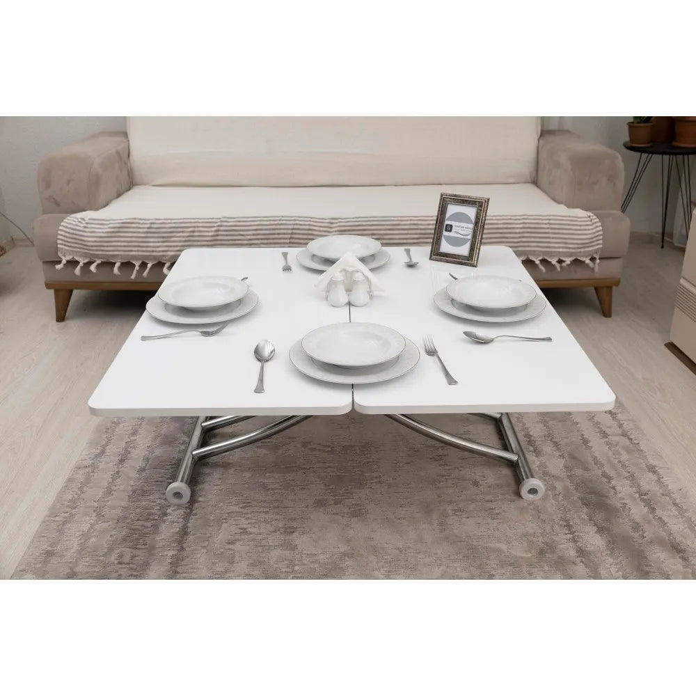 Mini Juppo İçe K Akıllı Sehpa Üst Tabla Mdf Beyaz Oval Köşe Alt Krom Kaplama