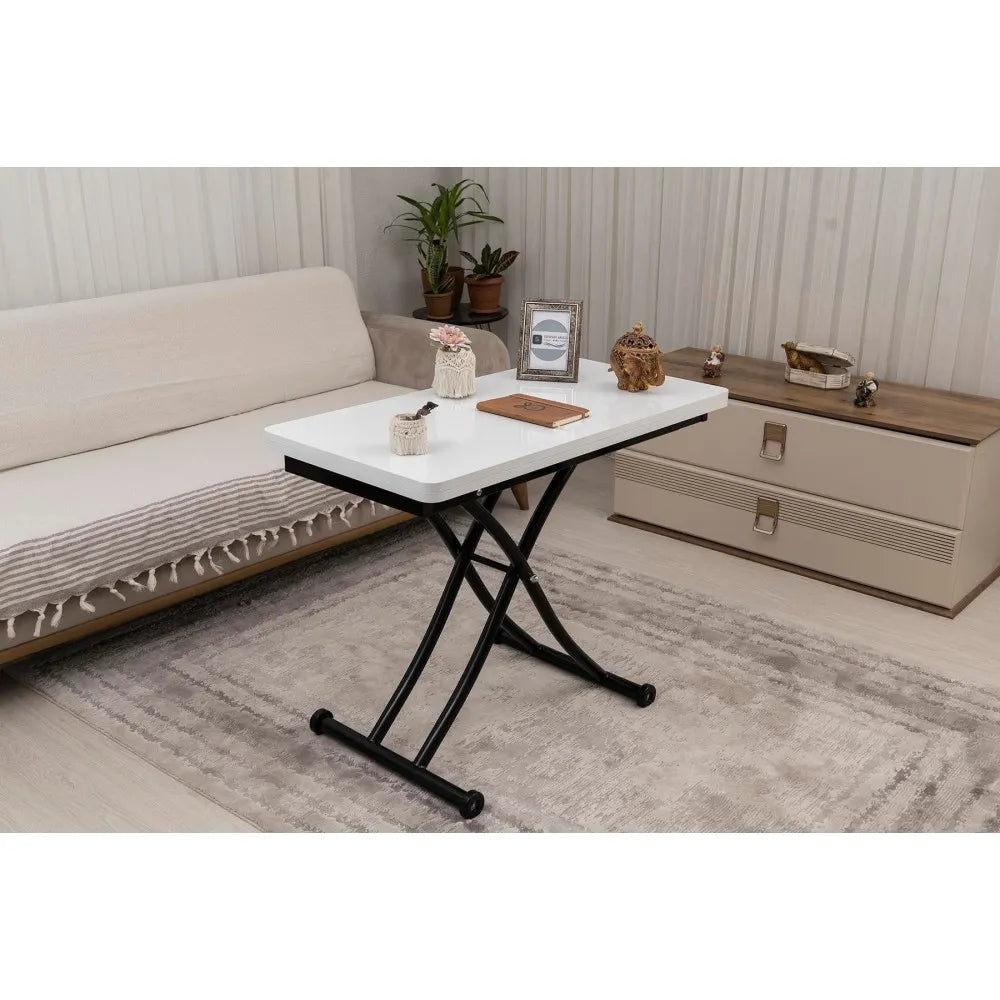 Mini Juppo İçe K Akıllı Sehpa Üst Tabla Mdf Beyaz Oval Köşe Alt Siyah Renk