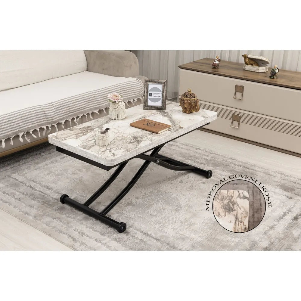 Mini Juppo İçe K Akıllı Sehpa Üst Tabla Mdf Beyaz Mermer Oval Köşe Alt Siyah Renk