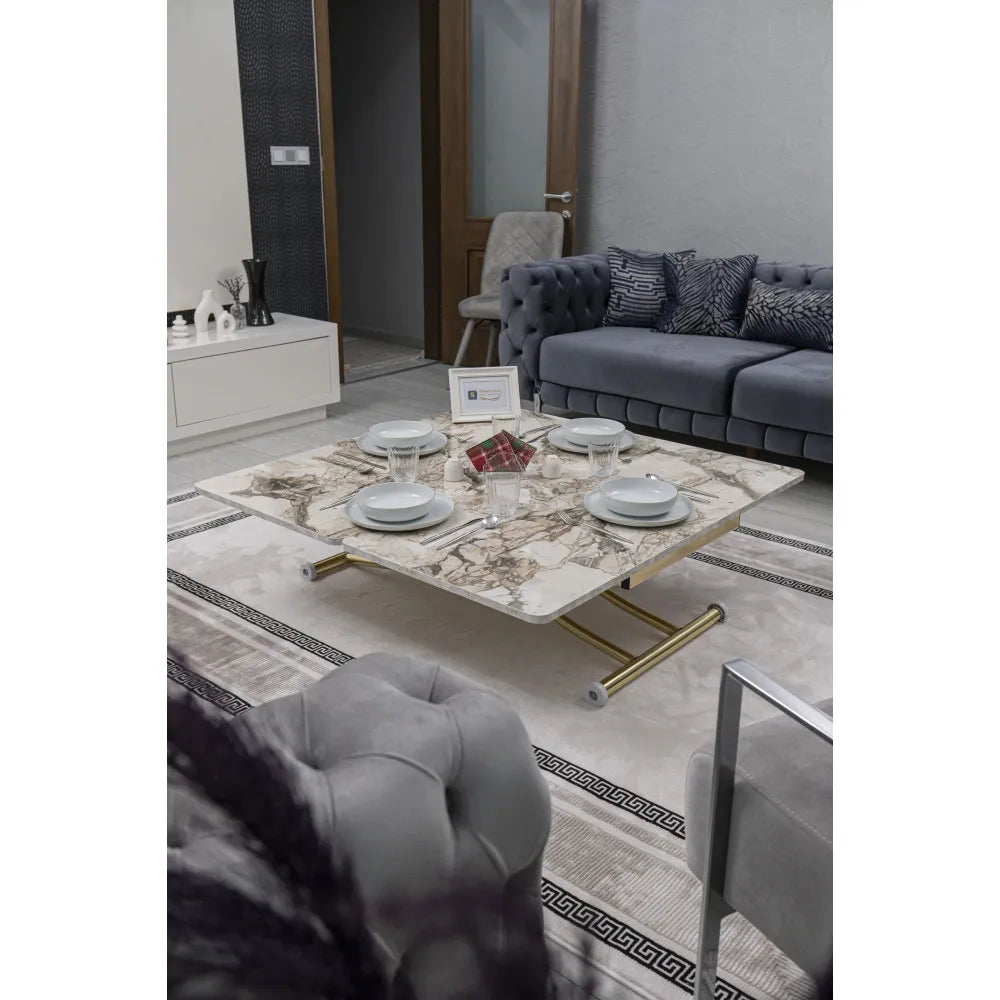 Juppo Üst Tabla Mdf Beyaz Mermer Oval Köşe Alt Ayak Yuvarlak Gold Kaplama İçe Kıvrım