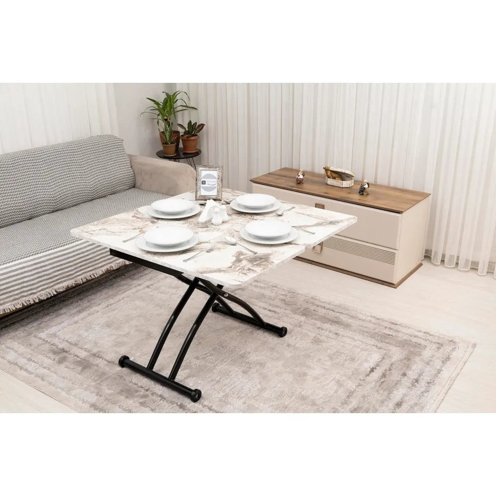 Mini Juppo Dışa K Akıllı Sehpa Üst Tabla Mdf Beyaz Mermer Oval Köşe Alt Siyah Renk