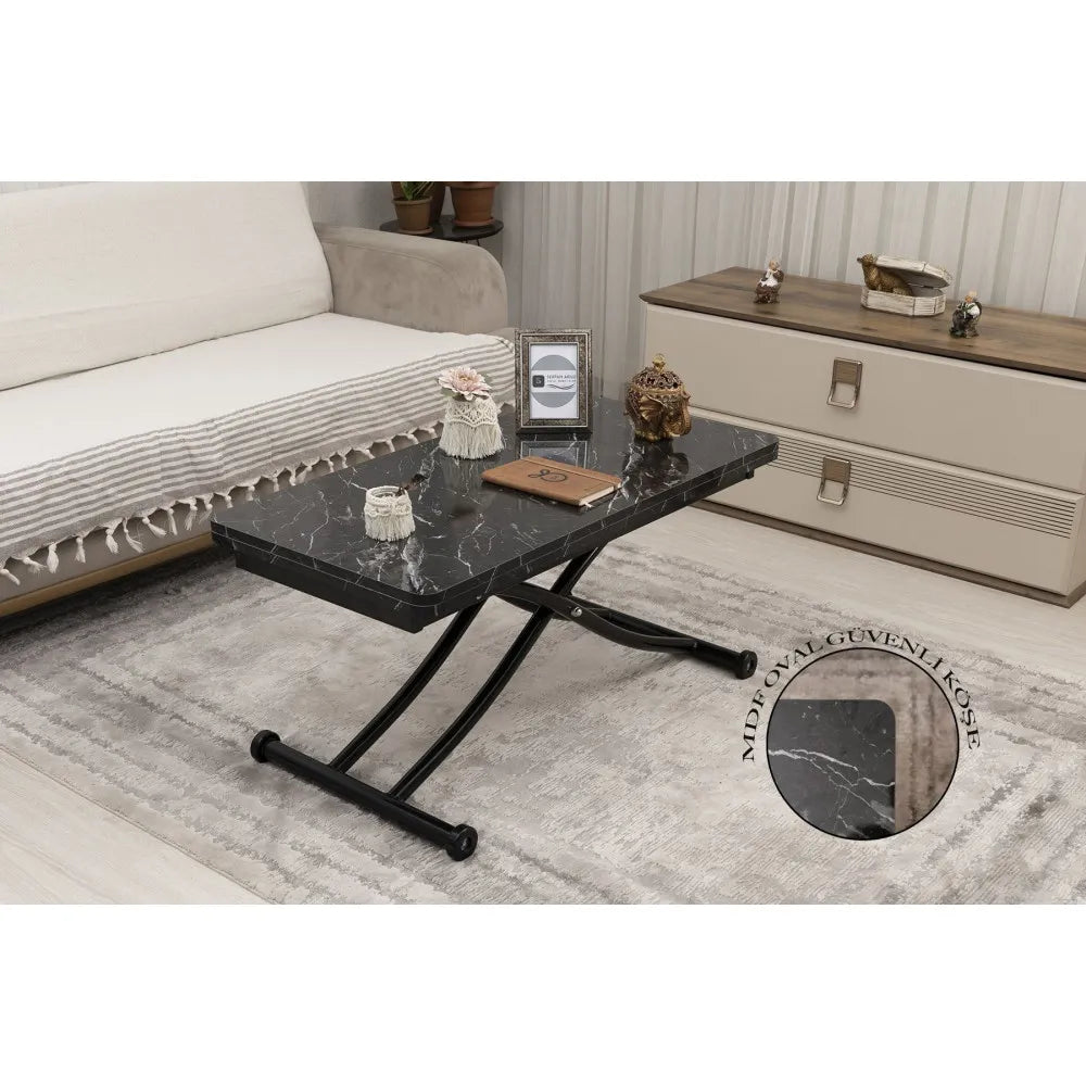 Mini Juppo İçe K Akıllı Sehpa Üst Tabla Mdf Siyah Mermer Oval Köşe Alt Siyah Renk