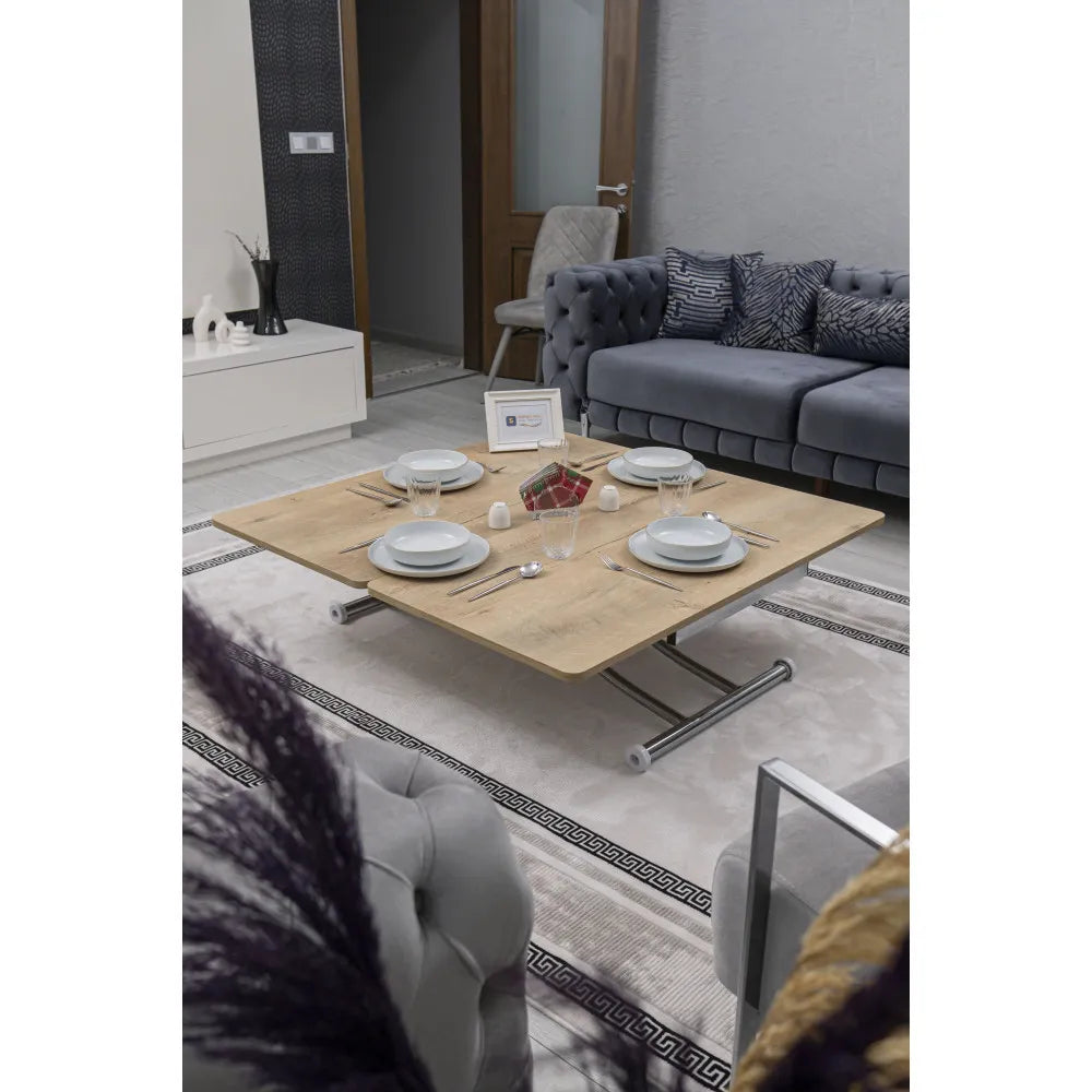 Juppo Üst Tabla Mdf Veli Meşe Oval Köşe Alt Ayak Yuvarlak Krom Kaplama İçe Kıvrım