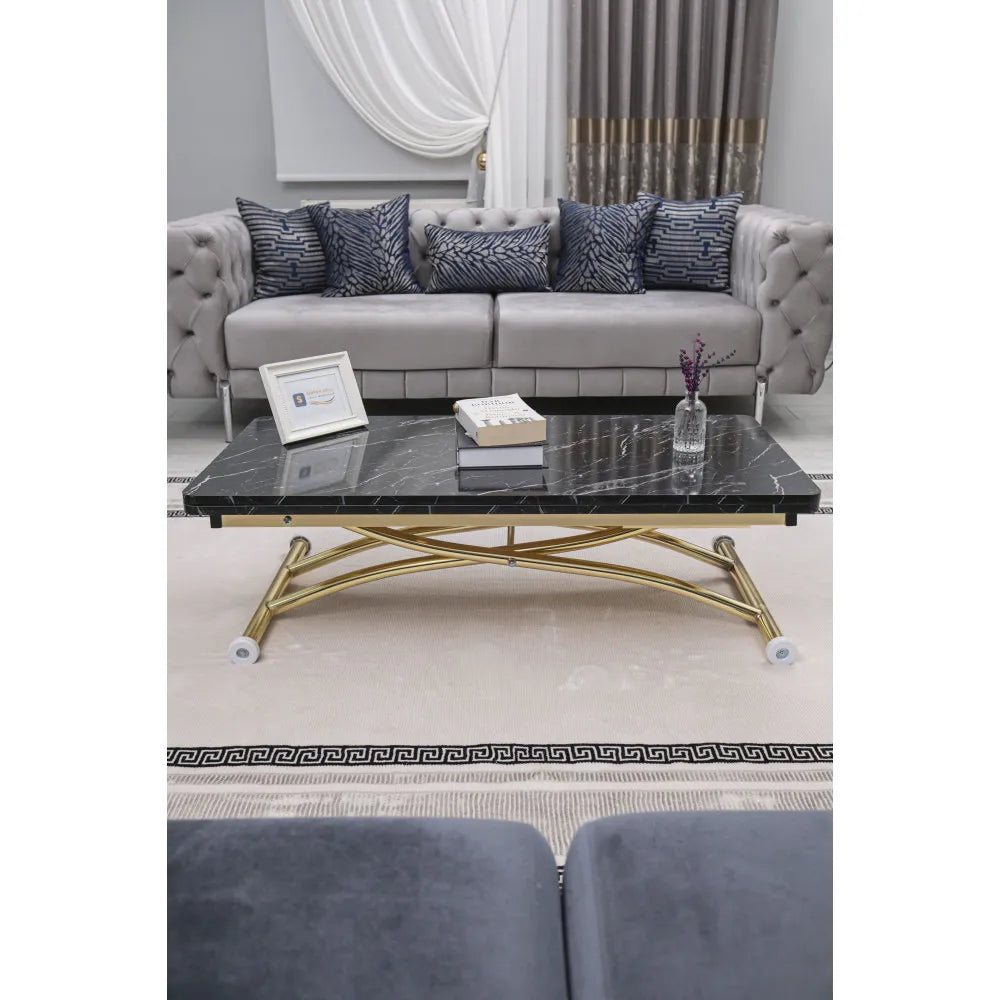 Juppo Üst Tabla Mdf Siyah Mermer Oval Köşe Alt Ayak Yuvarlak Gold Kaplama Dışa Kıvrım