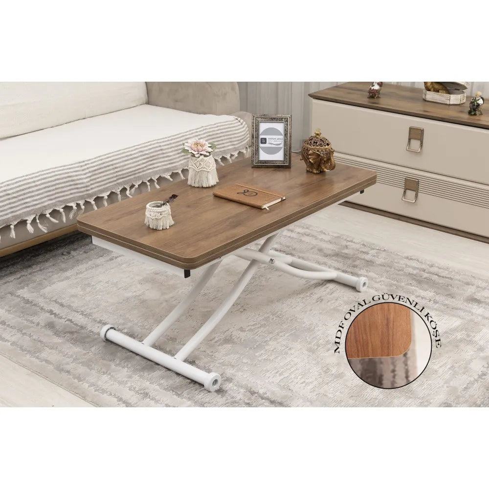 Mini Juppo İçe K Akıllı Sehpa Üst Tabla Mdf Ceviz Oval Köşe Alt Beyaz Renk