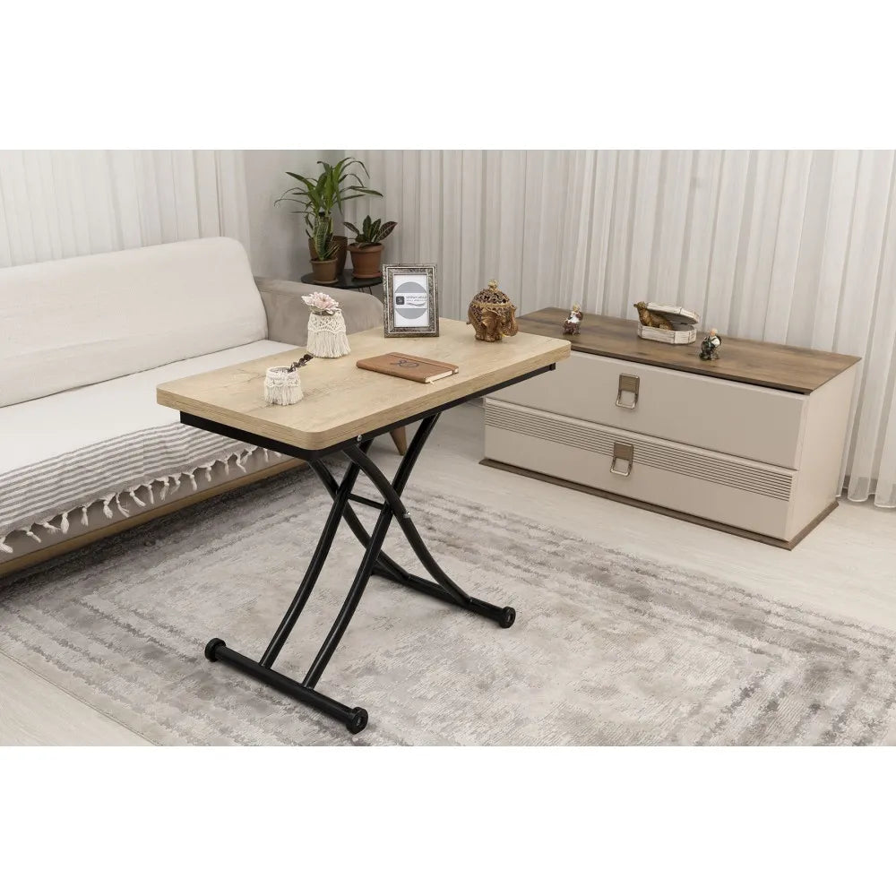 Mini Juppo İçe K Akıllı Sehpa Üst Tabla Mdf VeliMeşe Oval Köşe Alt Ayak Siyah Renk