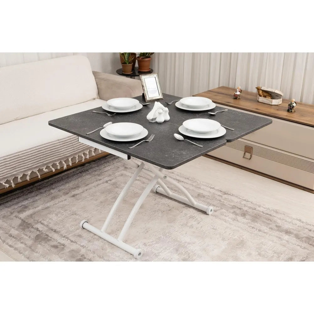 Mini Juppo Dışa K Akıllı Sehpa Üst Tabla Mdf Frezeli Antrasit  Oval Köşe Alt Beyaz Renk