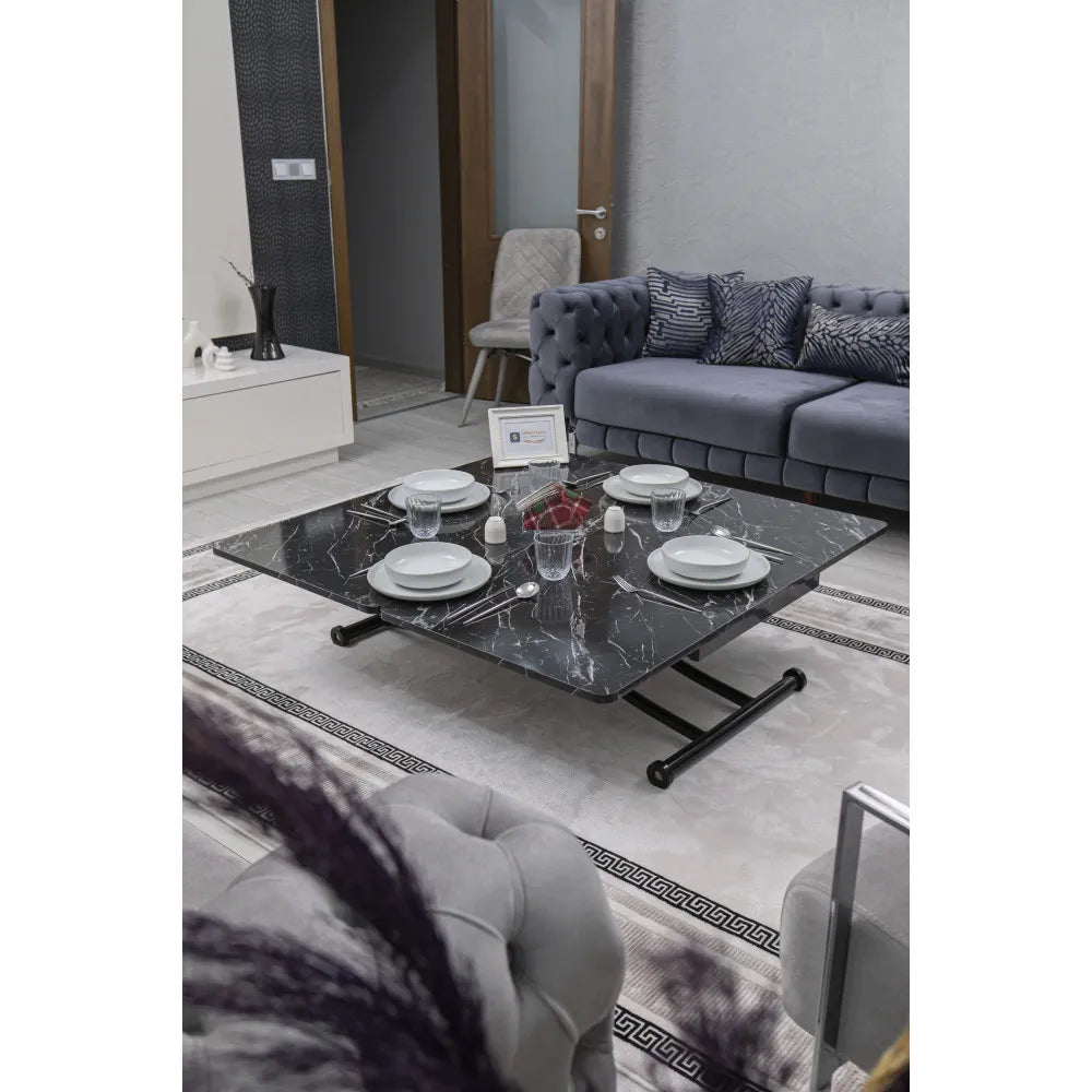 Juppo Üst Tabla Mdf Siyah Mermer Oval Köşe Alt Ayak Yuvarlak Siyah İçe Kıvrım