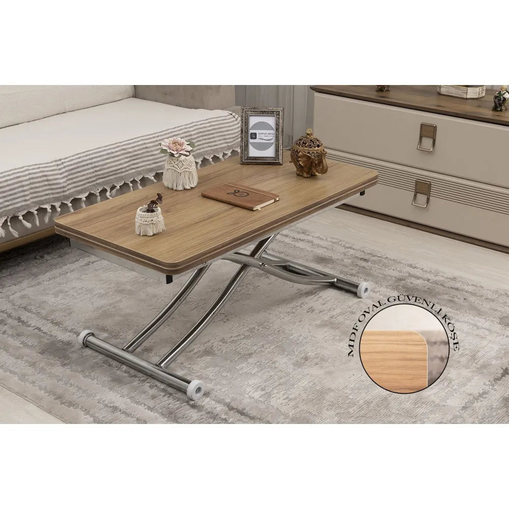 Mini Juppo İçe K Akıllı Sehpa Üst Tabla Mdf Katanya Oval Köşe Alt Krom Kaplama