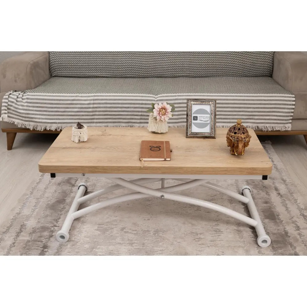 Mini Juppo Dışa K Akıllı Sehpa Üst Tabla Mdf VeliMeşe Oval Köşe Alt Ayak Beyaz Renk