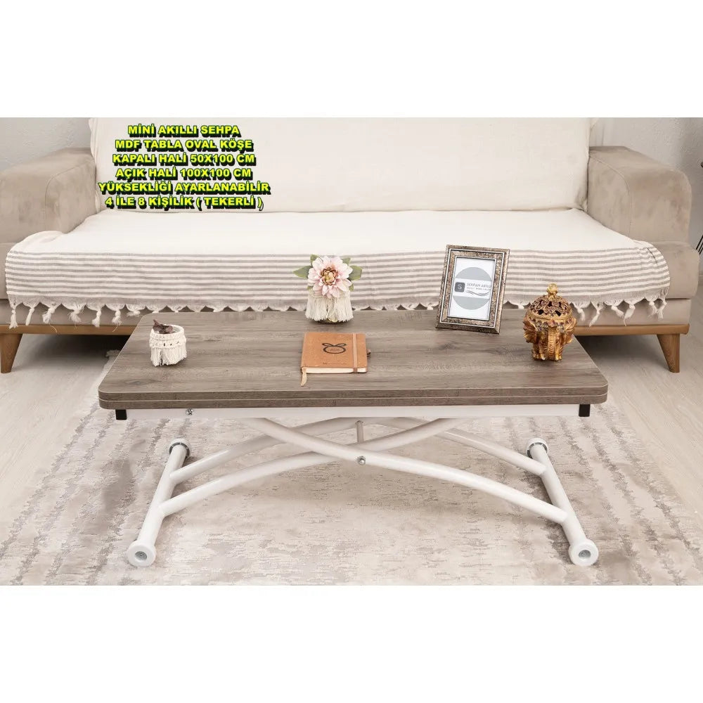 Mini Juppo Dışa K Akıllı Sehpa Üst Tabla Mdf Hattuşa Oval Köşe Alt Ayak Beyaz Renk