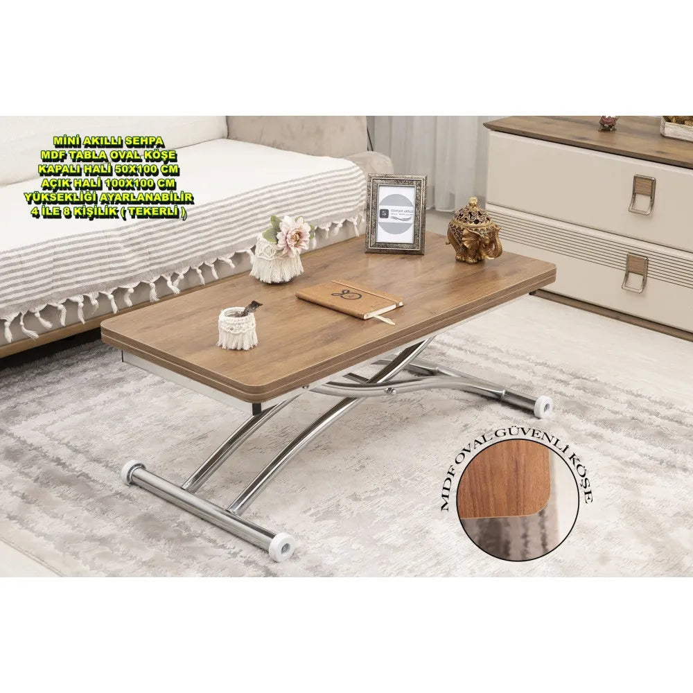 Mini Juppo Dışa K Akıllı Sehpa Üst Tabla Mdf Ceviz Oval Köşe Alt Krom Kaplama