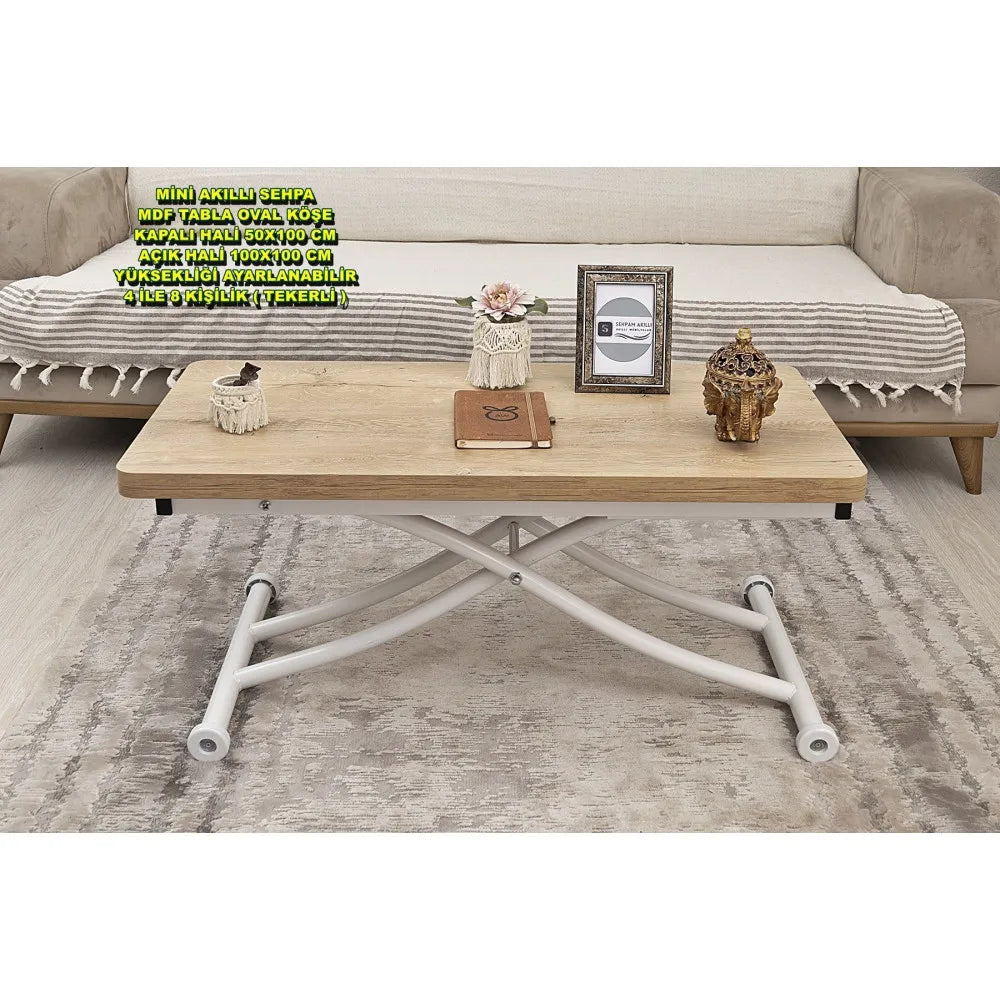 Mini Juppo İçe K Akıllı Sehpa Üst Tabla Mdf VeliMeşe Oval Köşe Alt Ayak Beyaz Renk