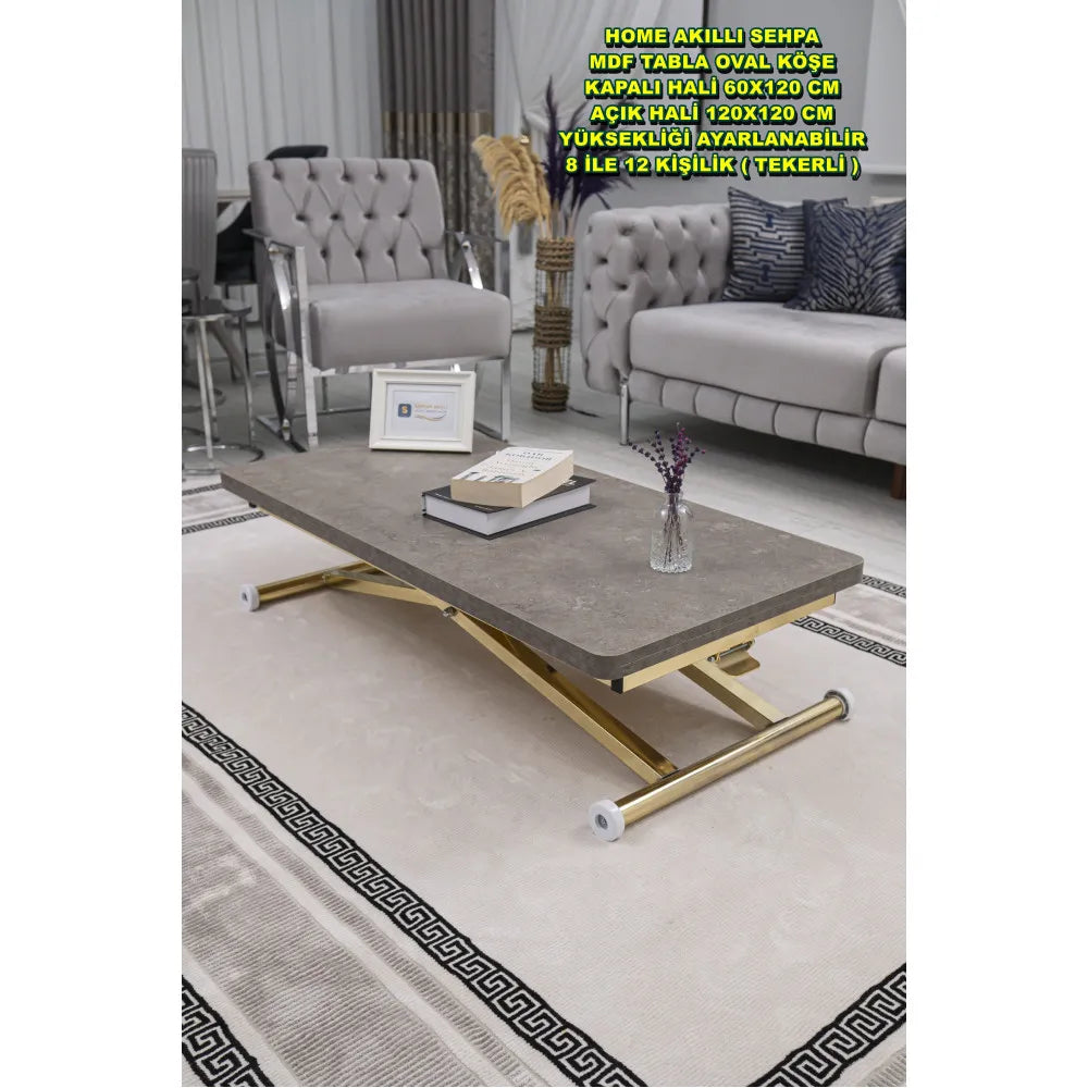 Home Üst Tabla Mdf Papatya Oval Köşe Alt Ayak Gold Kaplama