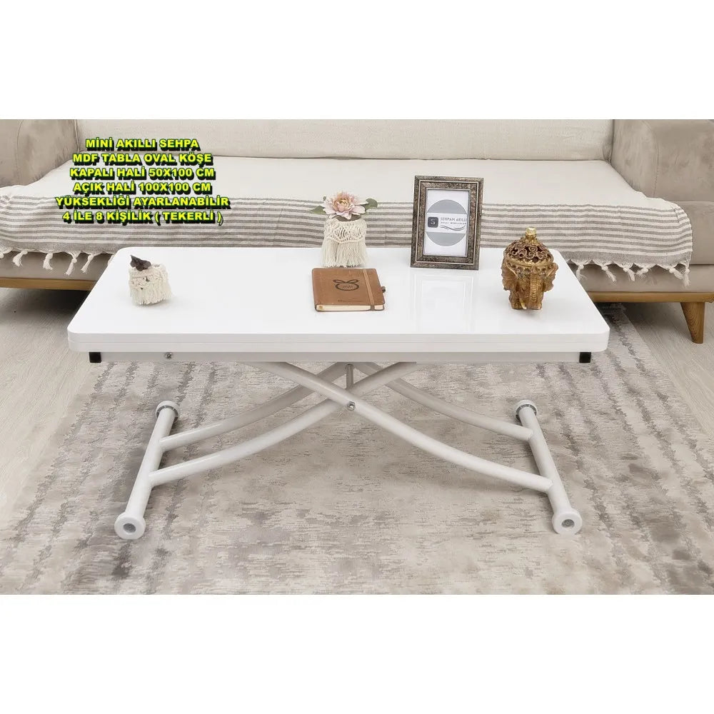 Mini Juppo İçe K Akıllı Sehpa Üst Tabla Mdf Beyaz Oval Köşe Alt Beyaz Renk