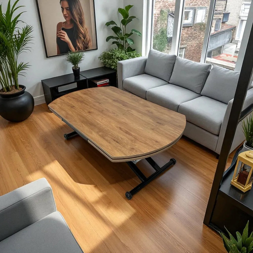 Oval Yan Baştan Açılır Akıllı Masa Üst Mdf Ceviz Alt Ayak Siyah Renk