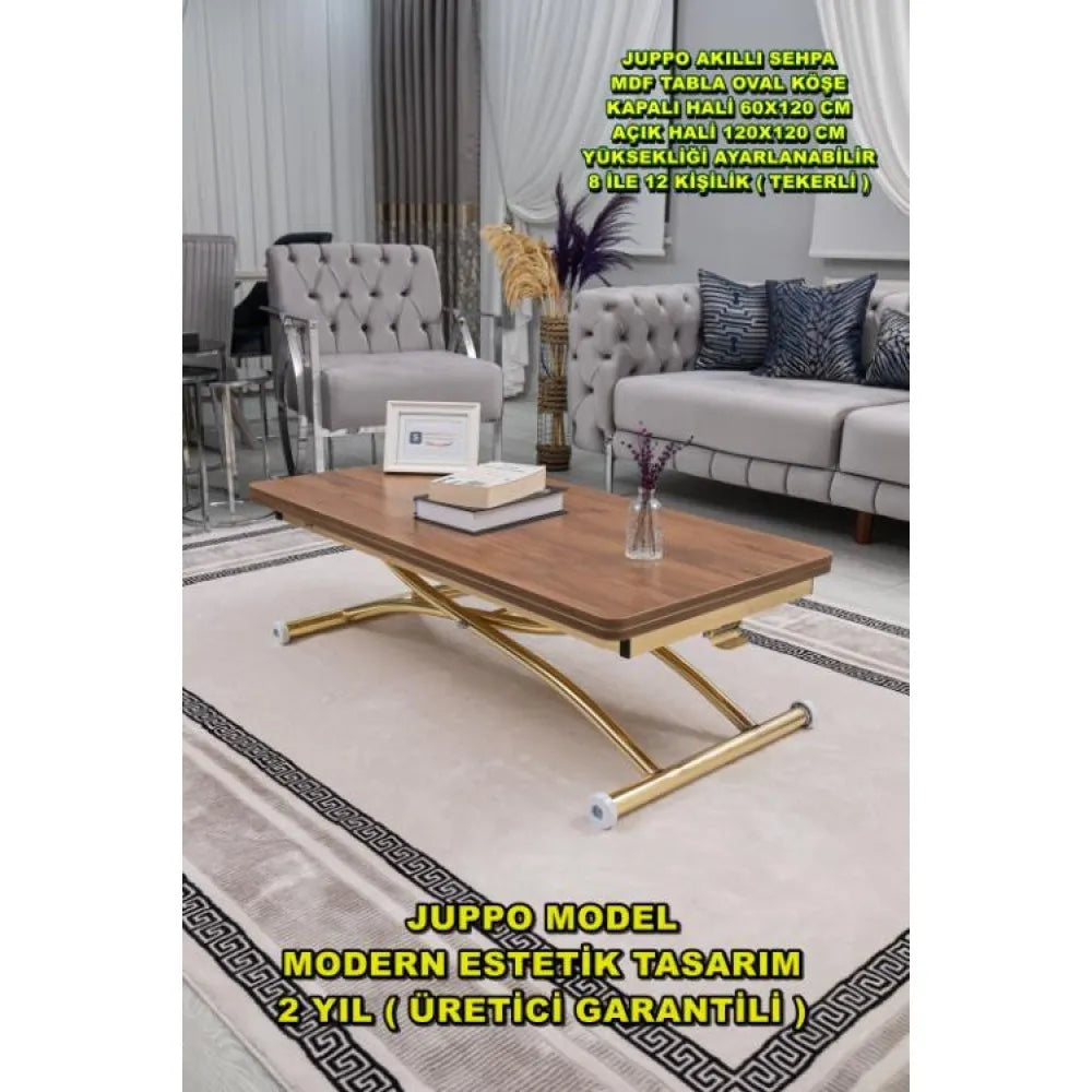 Juppo Üst Tabla Mdf Ceviz Oval Köşe Alt Ayak Yuvarlak Gold Kaplama Dışa Kıvrım