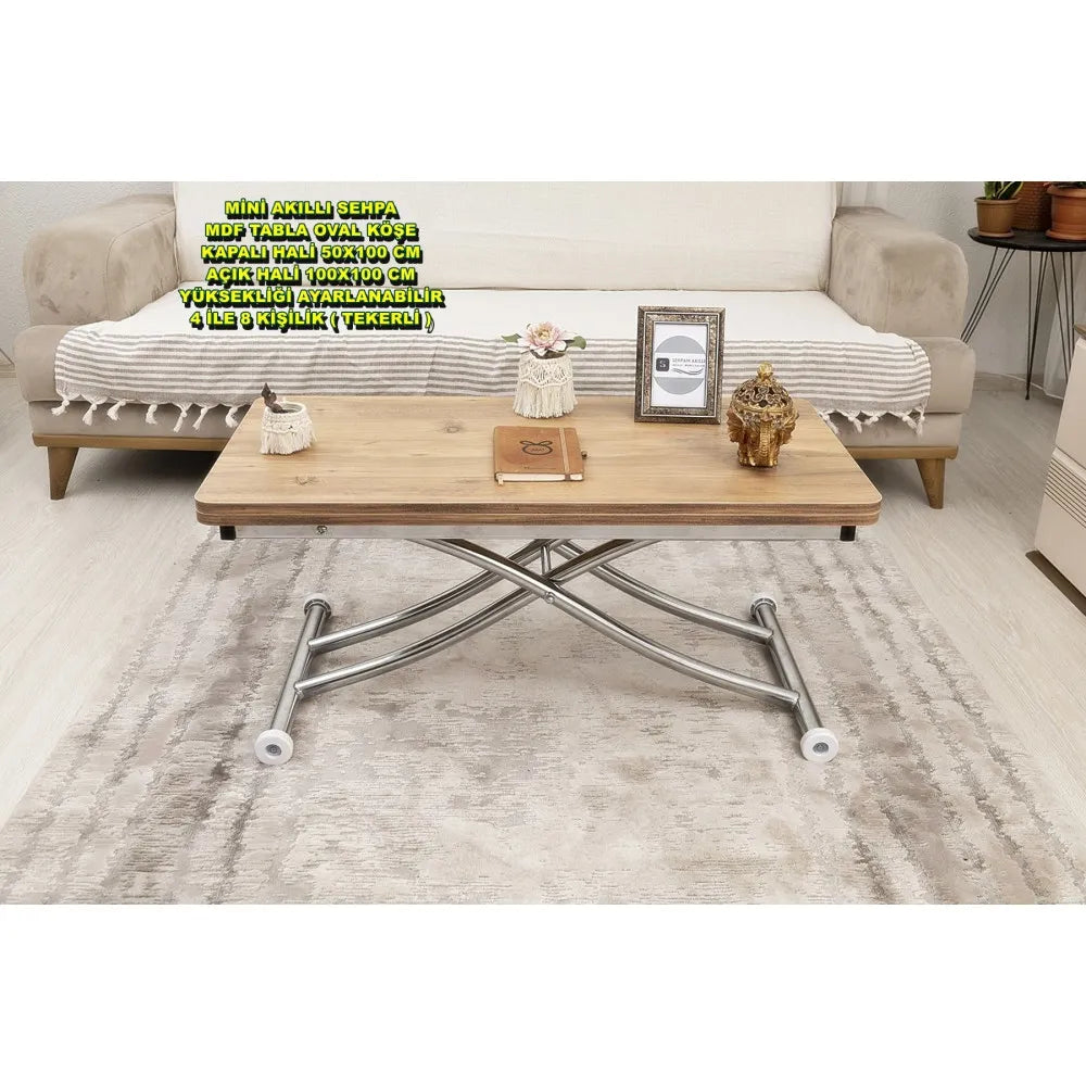 Mini Juppo İçe K Akıllı Sehpa Üst Tabla Mdf EfesÇam Oval Köşe Alt Krom Kaplama