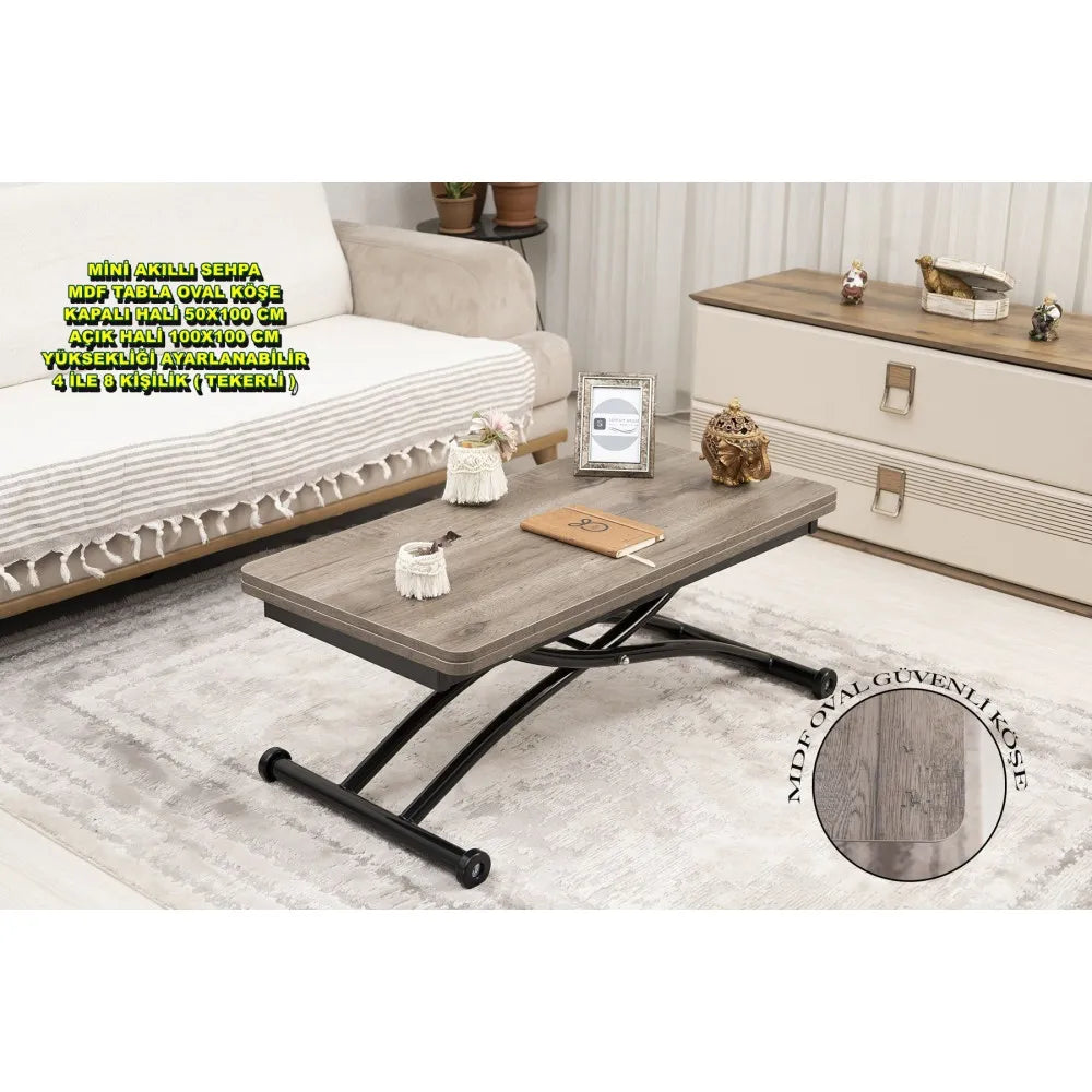 Mini Juppo Dışa K Akıllı Sehpa Üst Tabla Mdf Hattuşa Oval Köşe Alt Ayak Siyah Renk
