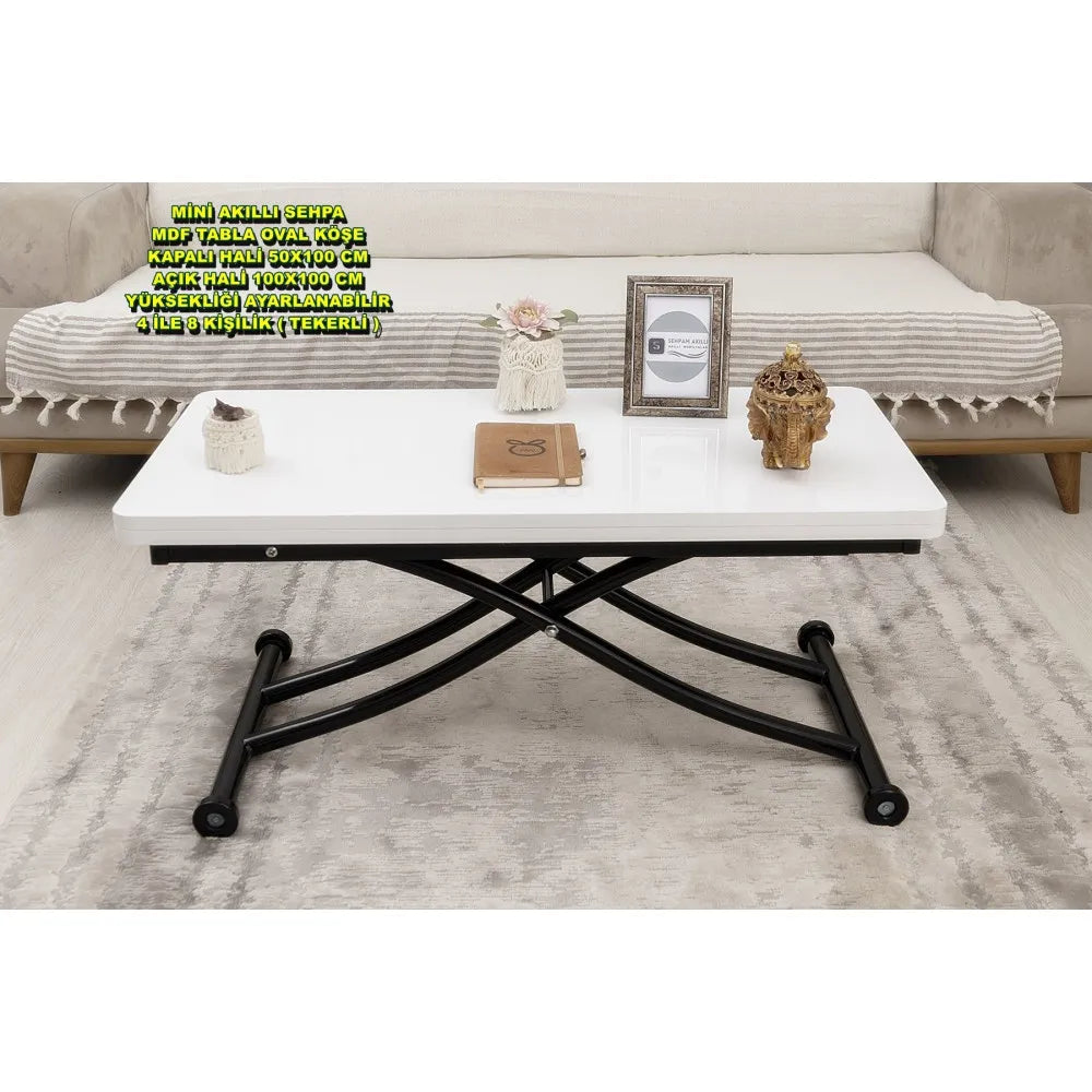 Mini Juppo İçe K Akıllı Sehpa Üst Tabla Mdf Beyaz Oval Köşe Alt Siyah Renk